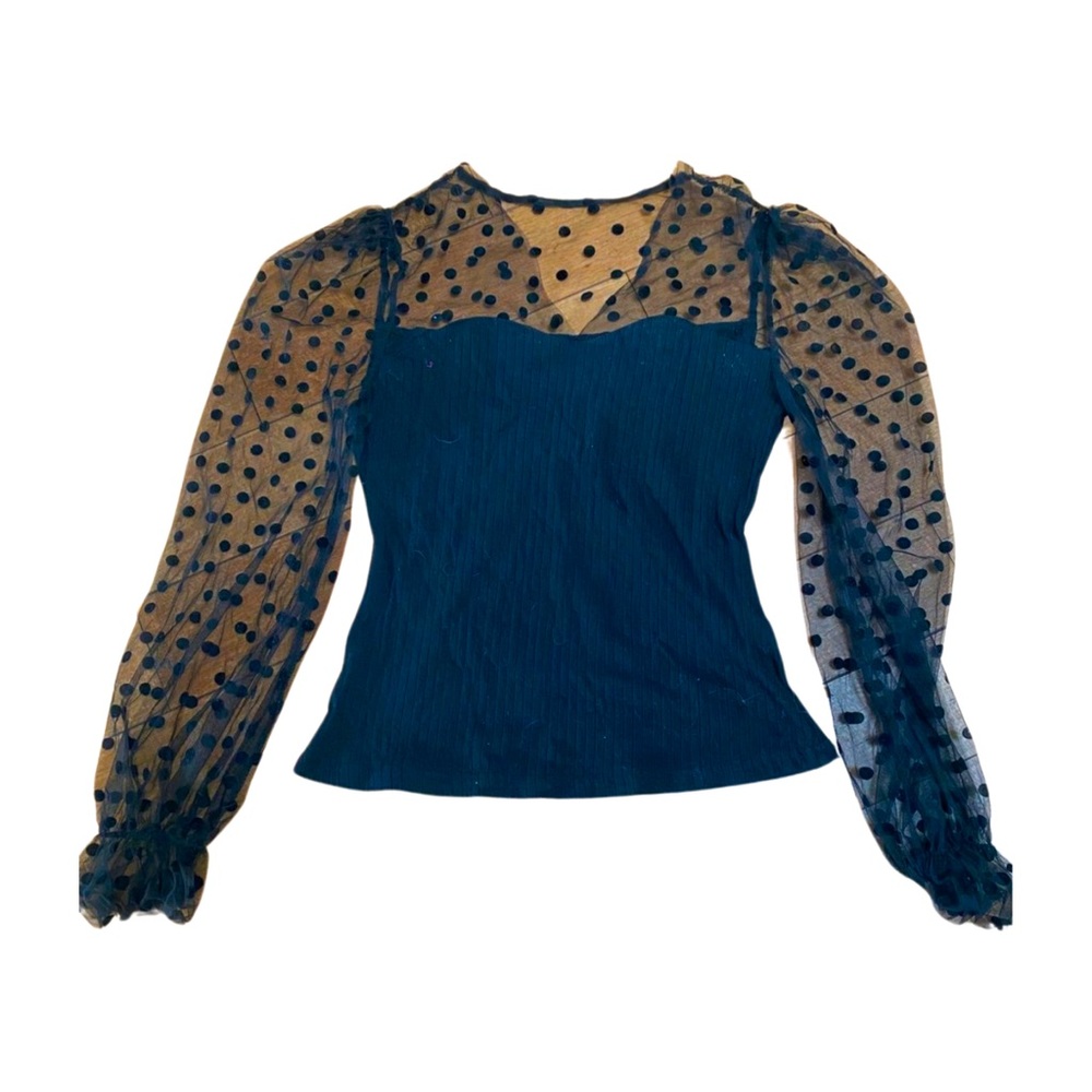 Classy Night Out Black Top with a Polka Dot Mesh Sleeves